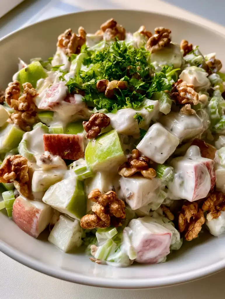 A detailed handheld smartphone photo of a creamy Apple Walnut Salad in a shallow white ceramic bowl with parsley garnish.