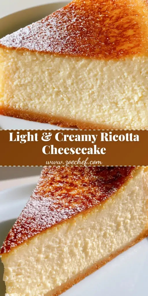 Sicilian Ricotta Cheesecake: The Ultimate Creamy Italian Dessert 4 A close-up vertical shot of a slice of Sicilian Ricotta Cheesecake with a caramelized golden-brown top and powdered sugar dusting.