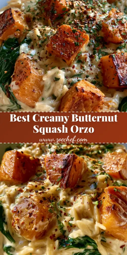 Creamy Butternut Squash Orzo with Roasted Spinach and Herbs 4 A shallow white ceramic pasta bowl filled with Creamy Butternut Squash Orzo, showing charred squash cubes and wilted spinach.