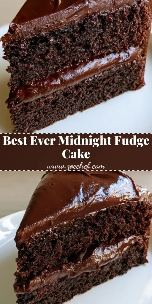 Midnight Fudge Cake: The Ultimate Moist Dark Chocolate Layer Cake 4 A vertical shot of a Midnight Fudge Cake slice on a white ceramic plate, featuring two moist dark chocolate layers and thick glossy fudge frosting.