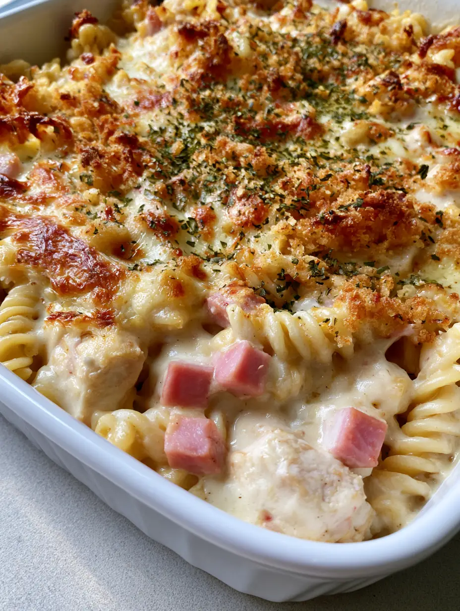 Chicken Cordon Bleu Casserole with Creamy Swiss Sauce 4 Close-up of rotini pasta coated in ivory Swiss cheese sauce with chunks of chicken and ham in a white ceramic dish (Chicken Cordon Bleu Casserole).