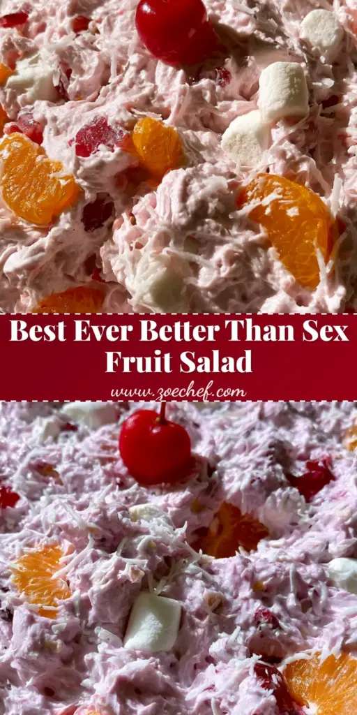 Better Than Sex Fruit Salad: The Ultimate Creamy Purple Fluff 3 A tall Pinterest-style vertical shot of a Better Than Sex Fruit Salad in a glass bowl, featuring a thick whipped creamy purple base with orange segments and a cherry on top.