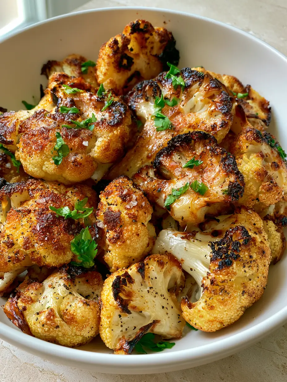 Close up shot of Crispy Roasted Cauliflower florets in a shallow white bowl with golden-brown coloring and dark charred edges.