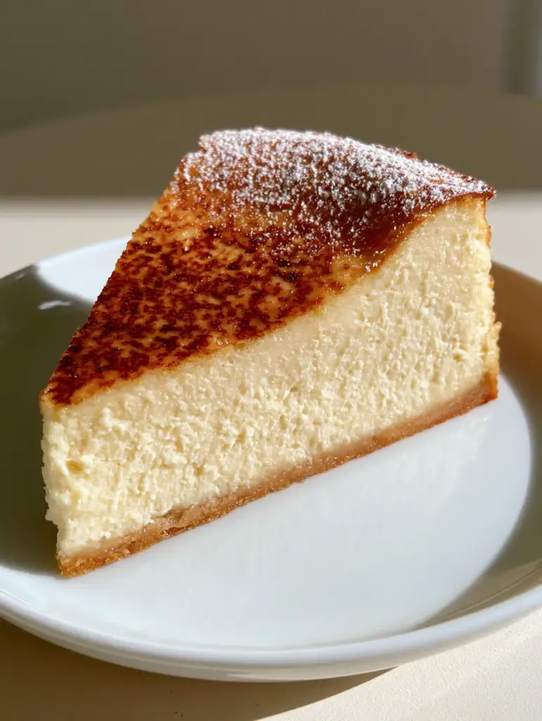 A single triangular slice of Sicilian Ricotta Cheesecake standing upright on a white plate, showing the crumbly ricotta texture.