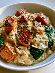 Handheld smartphone photo of Creamy Butternut Squash Orzo in a white bowl with visible red pepper flakes and fresh herbs.