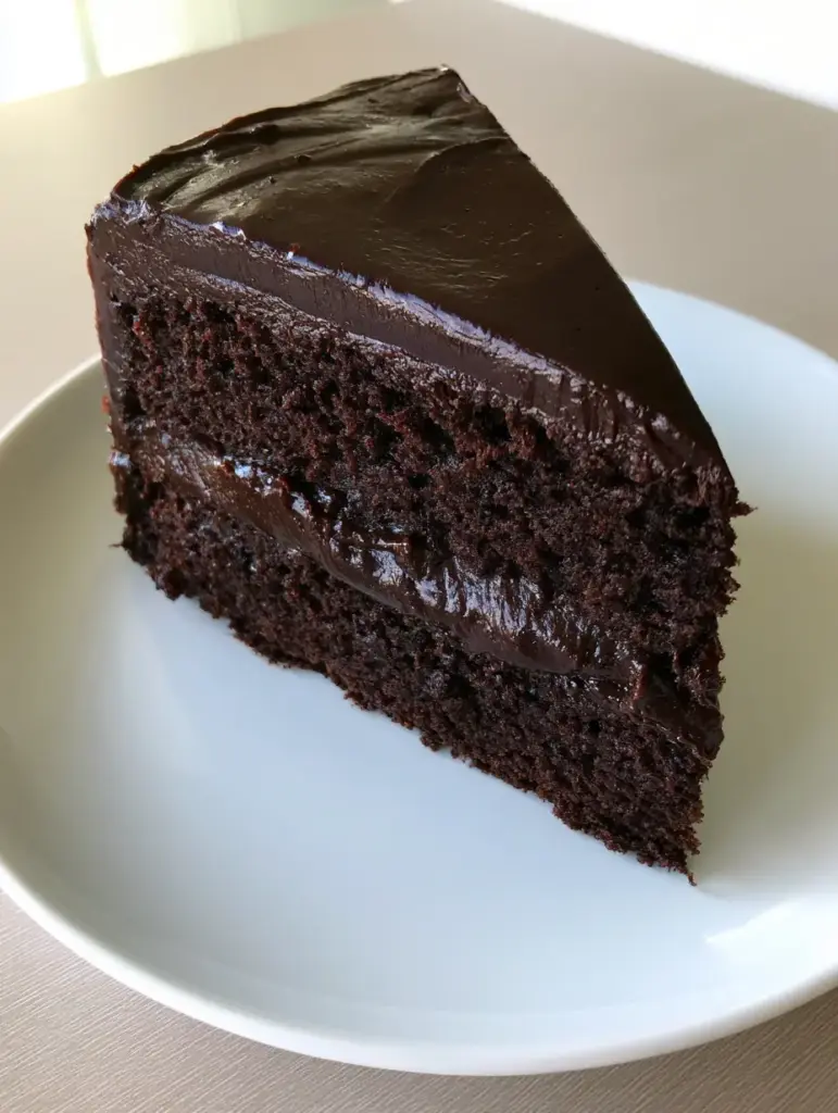 Upright triangular slice of Midnight Fudge Cake with glossy chocolate icing on a plain white plate, smartphone photo style.