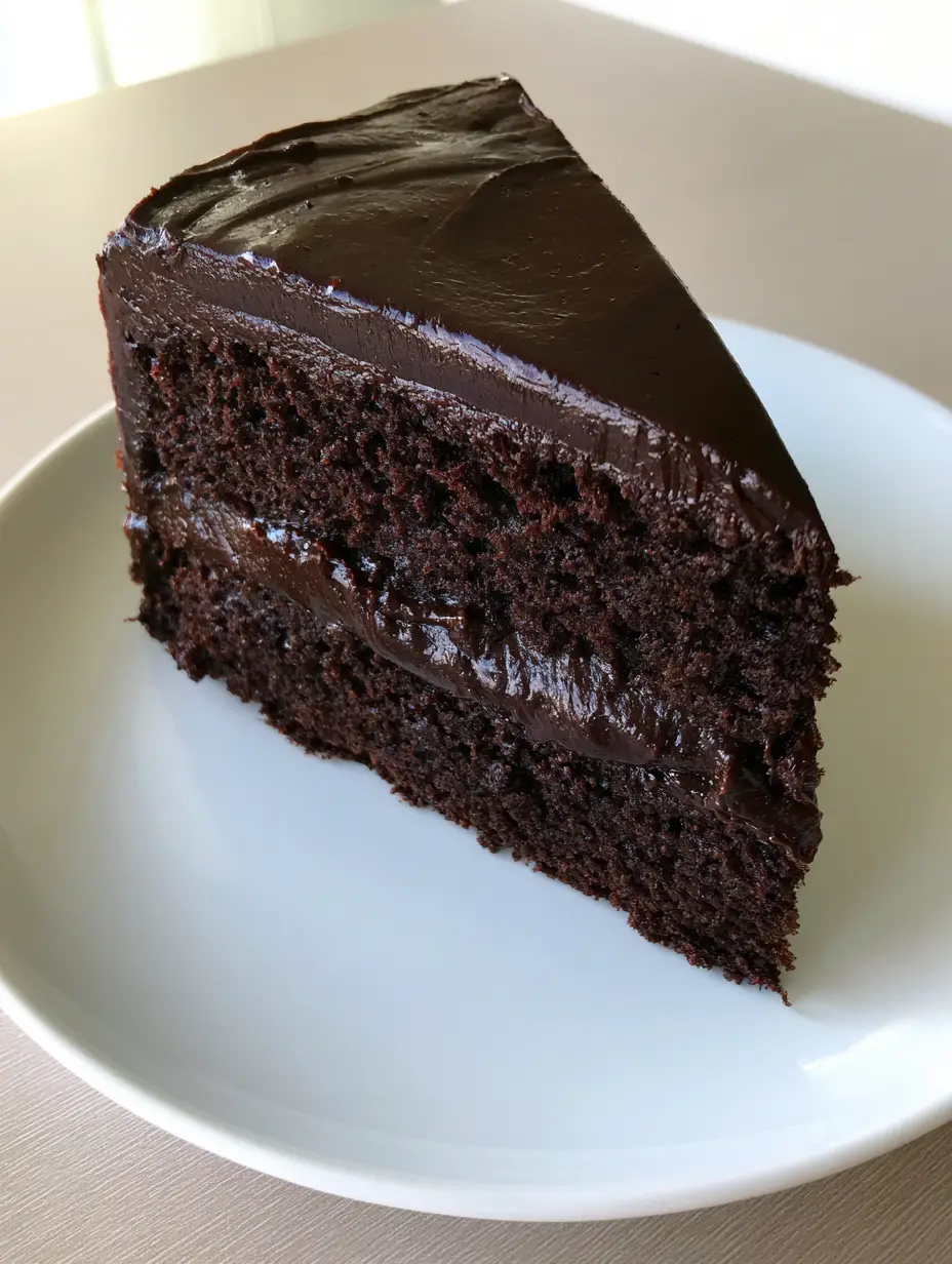 Midnight Fudge Cake: The Ultimate Moist Dark Chocolate Layer Cake 3 Upright triangular slice of Midnight Fudge Cake with glossy chocolate icing on a plain white plate, smartphone photo style.