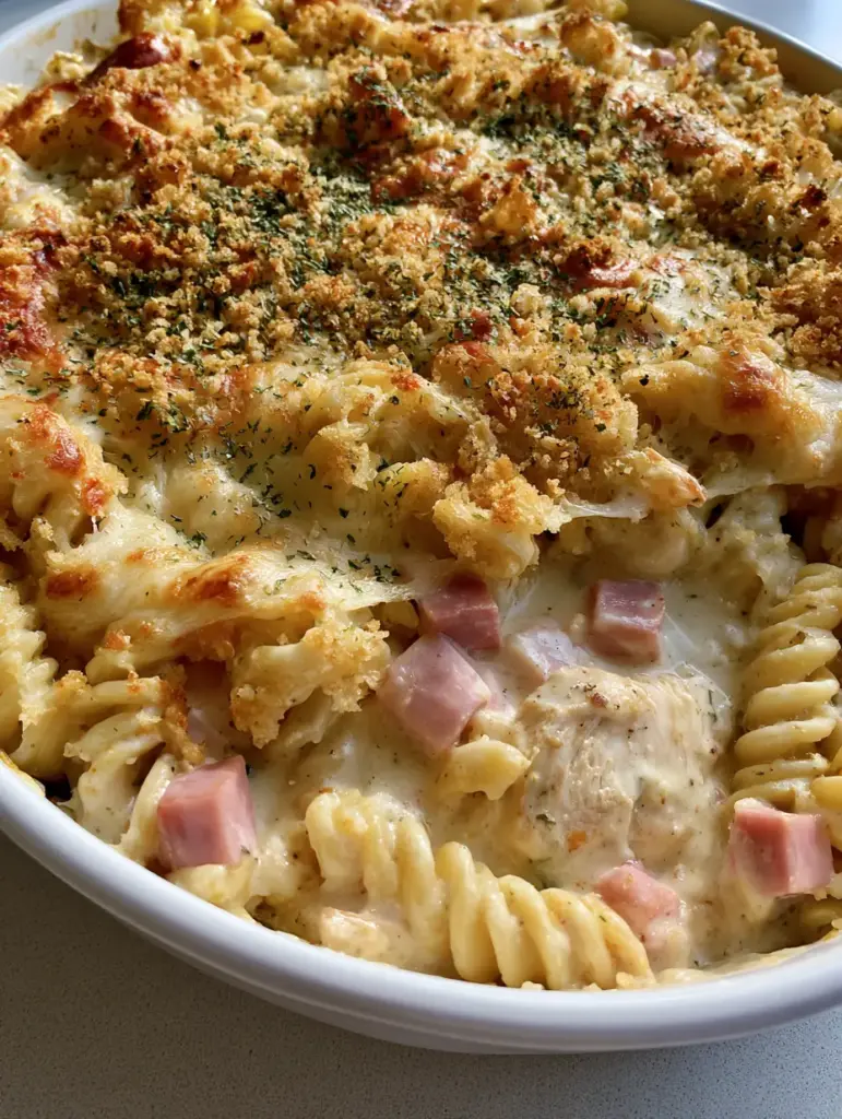Chicken Cordon Bleu Casserole with Creamy Swiss Sauce 1 A high-angle shot showing the golden toasted panko and dried parsley topping of the Chicken Cordon Bleu Casserole.