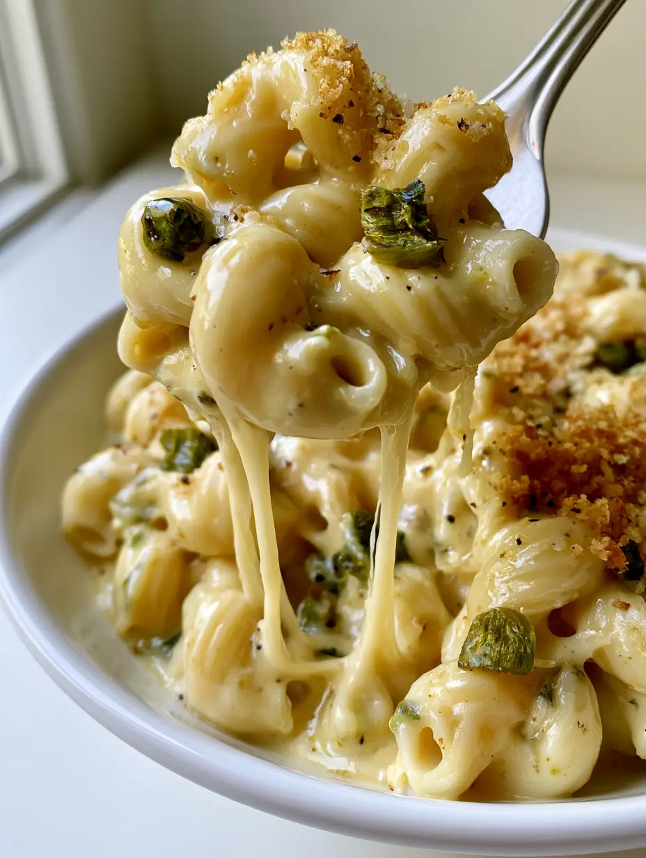 Close up of ridged cavatappi pasta coated in thick, glossy Smoked Gouda Mac and Cheese sauce with charred poblano bits.