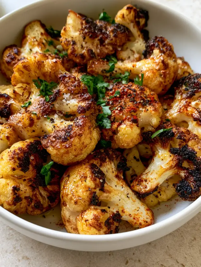 Overhead view of Crispy Roasted Cauliflower seasoned with sea salt, cracked black pepper, and paprika, garnished with parsley.