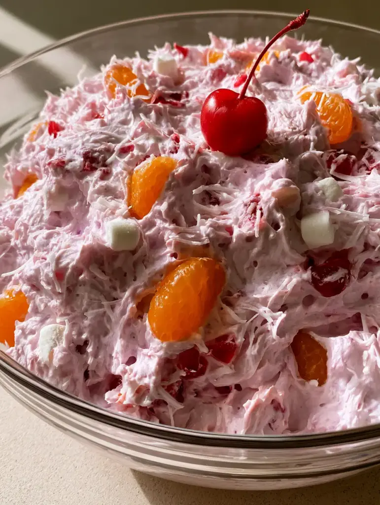 A close-up handheld photo of the Better Than Sex Fruit Salad showing the aerated texture, marshmallows, and mandarin orange segments.