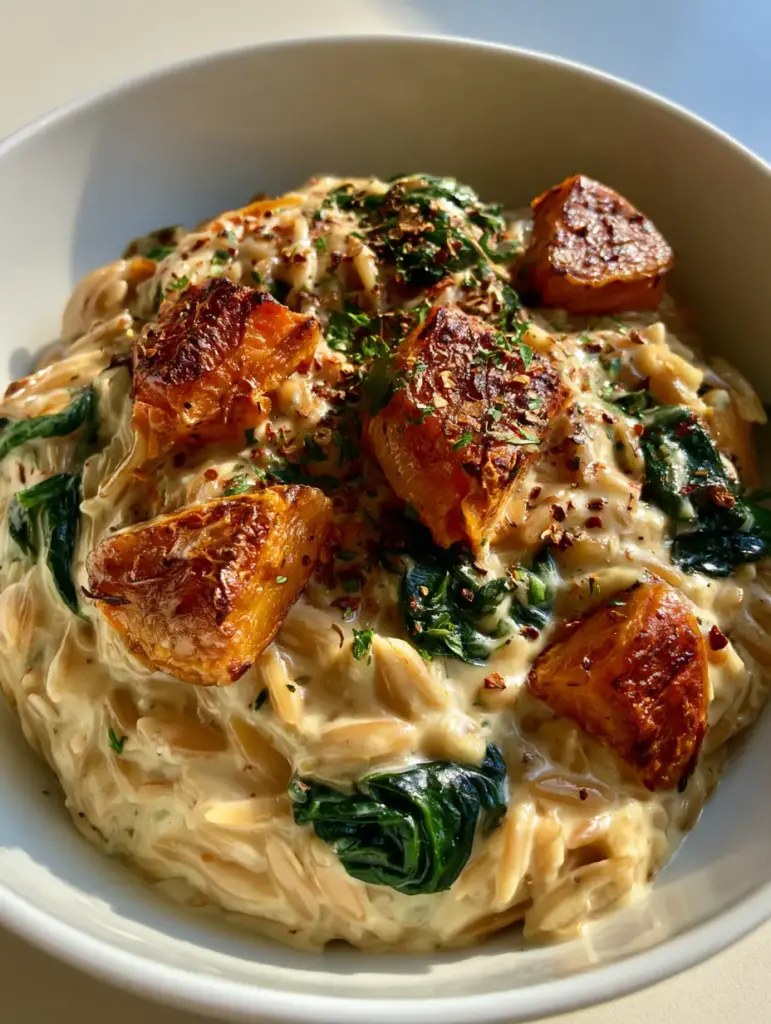 Creamy Butternut Squash Orzo with Roasted Spinach and Herbs 1 Close up of roasted butternut squash cubes with charred brown edges inside a creamy orzo pasta dish.