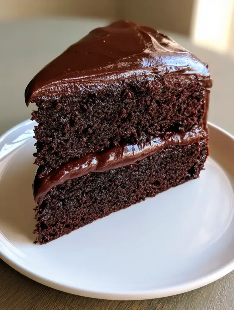 Midnight Fudge Cake: The Ultimate Moist Dark Chocolate Layer Cake 1 A close-up of the thick glossy dark chocolate fudge frosting on a Midnight Fudge Cake slice standing on a white ceramic plate.