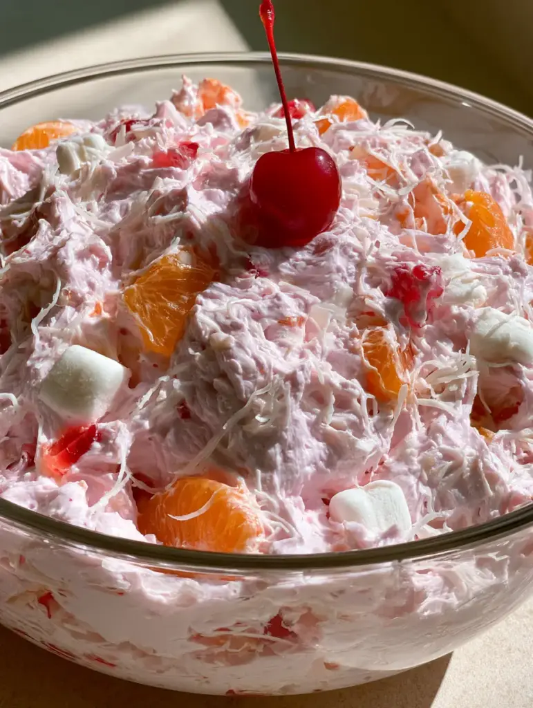 Better Than Sex Fruit Salad: The Ultimate Creamy Purple Fluff 1 Detailed shot of the Better Than Sex Fruit Salad with shredded coconut and chopped cherries visible in the thick purple base.