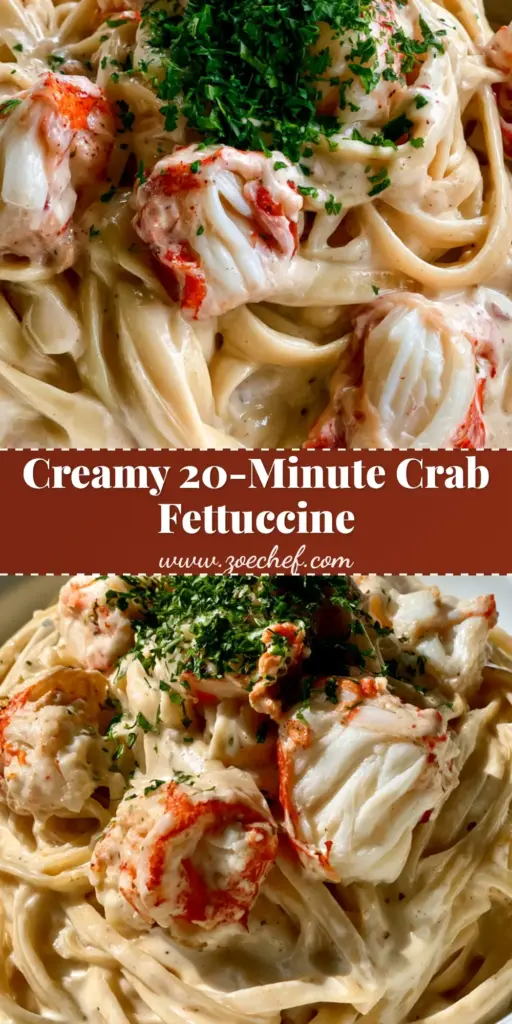 Crab Fettuccine Alfredo with Succulent Lump Crab Meat 3 A close-up vertical shot of Crab Fettuccine Alfredo showing thick white sauce, orange-red lump crab meat highlights, and fresh parsley garnish.