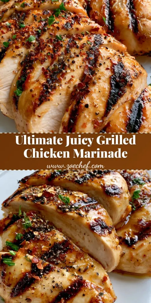 Grilled Chicken Marinade: The Secret to Juicy, Char-Grilled Perfection 3 Close-up of thick slices of Grilled Chicken Marinade breast with dark parallel char marks, golden glaze, parsley, and red pepper flakes on a white plate.