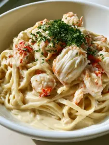Handheld smartphone photo of Crab Fettuccine Alfredo in a white ceramic bowl with glossy ivory sauce and large crab chunks.