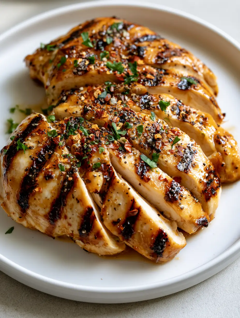Grilled Chicken Marinade: The Secret to Juicy, Char-Grilled Perfection 4 Thick slices of succulent grilled chicken breast showing a glistening golden-brown glaze and cracked black pepper garnish. (Grilled Chicken Marinade)